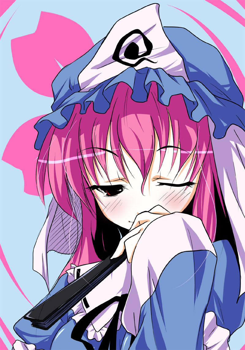 1girl, arm_garter, blue_background, blush, collar, female, frills, hat