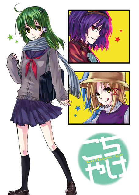3girls, bad_id, female, kagero, kochiya_sanae, minami-ke, moriya_suwako, multiple_girls