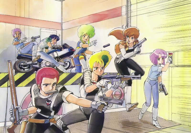 6+girls, 80s, android, belt, blonde_hair, blue_hair, bodysuit, boots