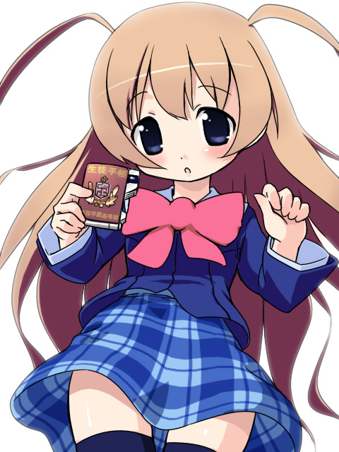 1girl, bow, gakuen_utopia_manabi_straight!, izuno_kenta, odori_momoha, pink_bow, plaid, plaid_skirt