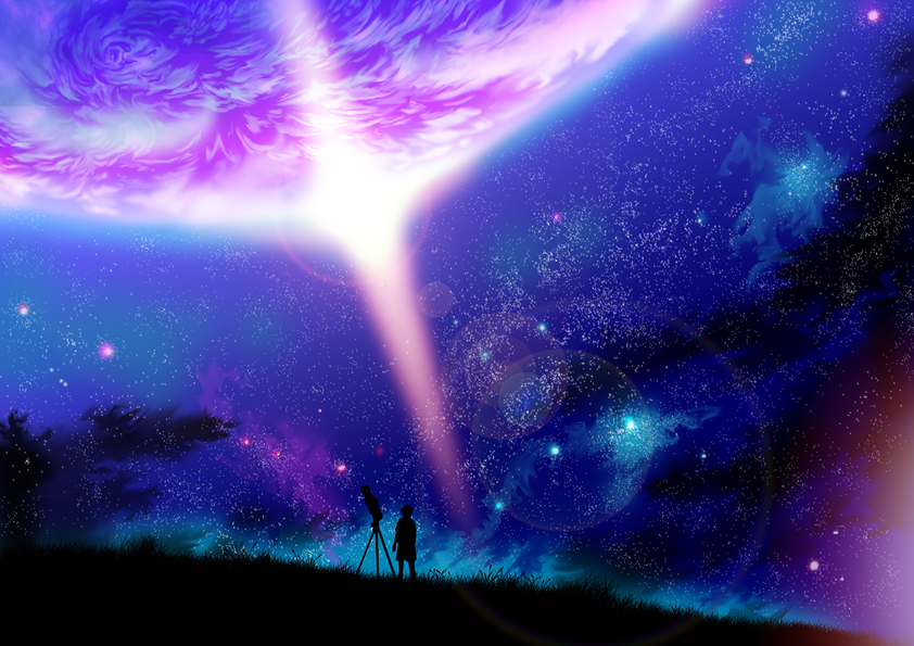 gundam, gundam_seed, gundam_seed_c.e._73:_stargazer, kageyama_madoka, lens_flare, light, male, night, sky, solo, star, star_(sky), starry_sky, stars, sven_cal_bayan, telescope