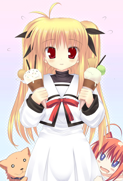 2girls, arf, blonde_hair, blush, drooling, fate_testarossa, food, halftone