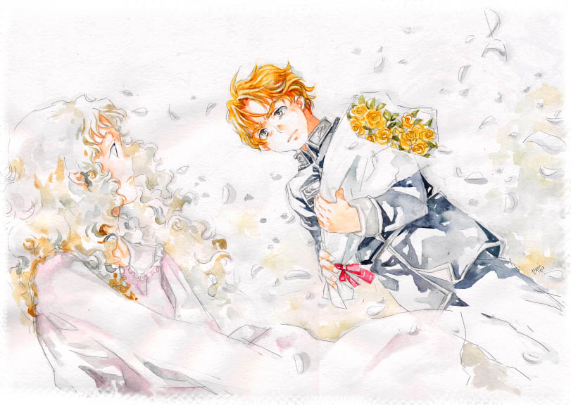 1boy, 1girl, bouquet, couple, evangeline_mittermeyer, flower, ginga_eiyuu_densetsu, hetero