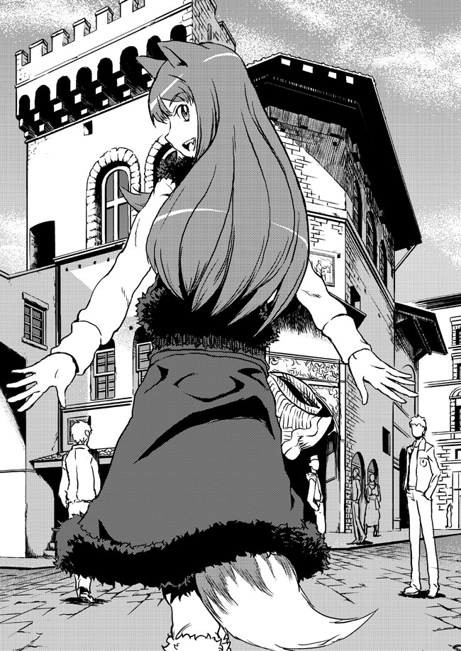 1girl, animal_ears, holo, monochrome, sfix, solo, spice_and_wolf, suka_kusujirou