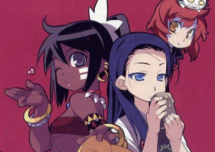 3girls, ;o, atlus, black_hair, blue_eyes, blue_hair, blush, bracelet, cup, dark_skin, drinking, expressionless, facepaint, heart, jewelry, looking_at_viewer, multiple_girls, one_eye_closed, parted_lips, ponytail, redhead, ren_(sekaiju), sekaiju_no_meikyuu, shaded_face, shilleka, short_hair, tlachtga, tribal, upper_body, yellow_eyes