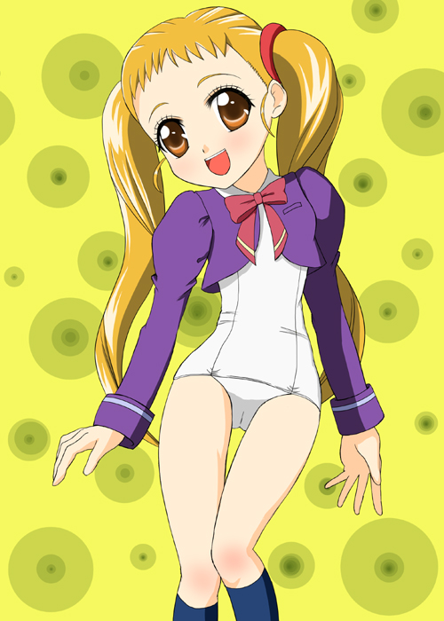 1girl, brown_eyes, brown_hair, cropped_jacket, eyelashes, kasugano_urara_(yes!_precure_5), no_pants, one-piece_swimsuit