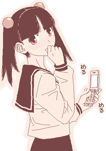1girl, cellphone, gusu, looking_back, lowres, monochrome, oekaki, otonashi_meru