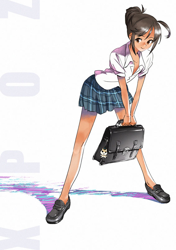 1girl, ahoge, bag, black_hair, brown_eyes, kikuchi, kikuchi_(xpoz), leaning_forward, loafers, no_socks, open_clothes, open_shirt, original, plaid, plaid_skirt, school_bag, school_uniform, serafuku, shirt, shoes, skirt, solo, xpoz