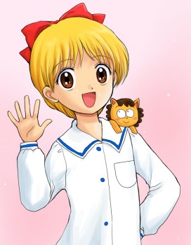 1girl, :d, blonde_hair, blush, brown_eyes, buttons, creature, eyebrows