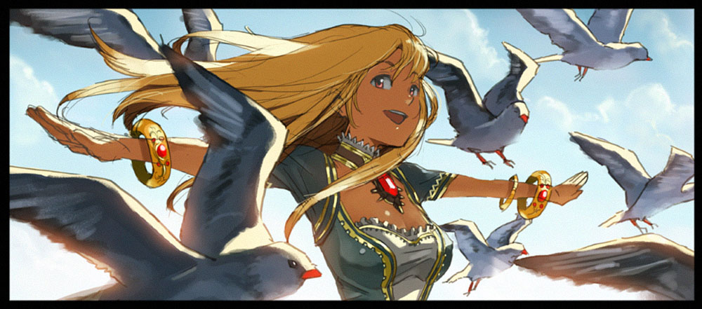 1girl, bird, blonde_hair, bracelet, clouds, jewelry, kikuchi, kikuchi_(xpoz)