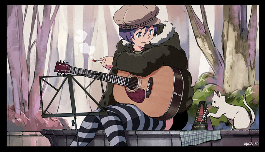 1girl, acoustic_guitar, cat, cigarette, guitar, hat, instrument, jacket