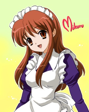 1girl, apron, asahina_mikuru, blue_dress, blush, brown_eyes, brown_hair, dress, frills, ginko_(konekonoshippo), head_tilt, heart, juliet_sleeves, long_sleeves, looking_at_viewer, lowres, maid, maid_apron, maid_headdress, puffy_sleeves, sidelocks, solo, suzumiya_haruhi_no_yuuutsu