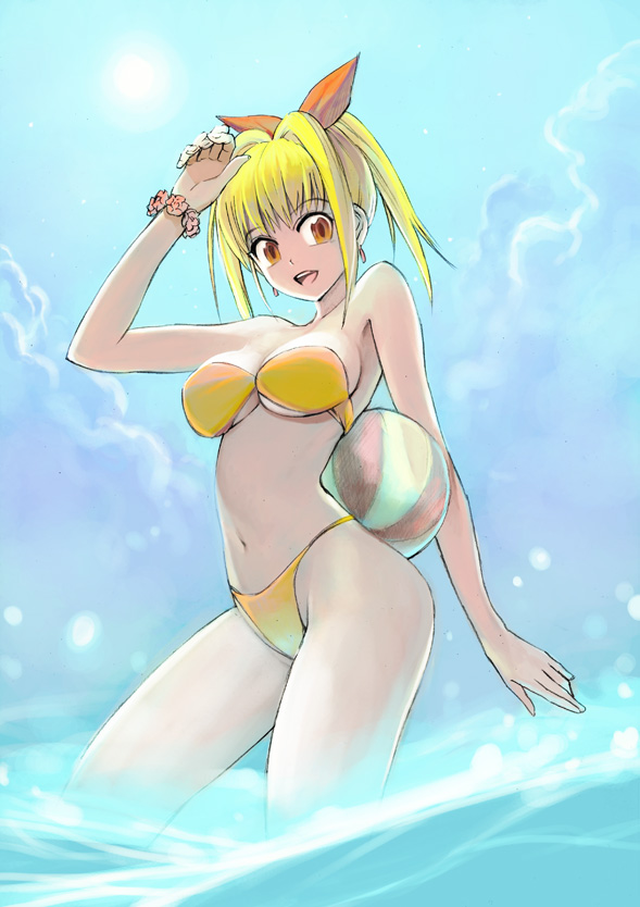 1girl, bad_id, ball, beachball, bikini, bow, clouds, earrings