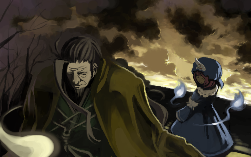 1boy, 1girl, bare_tree, beard, blue_dress, cloak, closed_eyes, clouds
