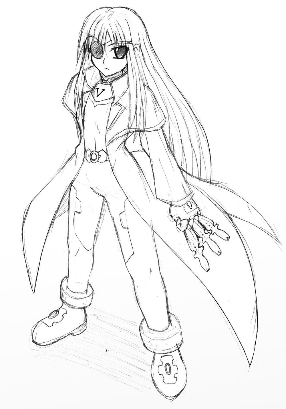 1girl, cinque_(nanoha), eyepatch, highres, lyrical_nanoha, mahou_shoujo_lyrical_nanoha, mahou_shoujo_lyrical_nanoha_strikers, monochrome