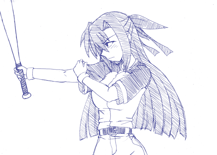 1girl, baseball, baseball_bat, blue, ginga_nakajima, hayami_ryouji, lyrical_nanoha, mahou_shoujo_lyrical_nanoha, mahou_shoujo_lyrical_nanoha_strikers, monochrome, parody, solo, suzuki_ichiro, suzuki_ichirou