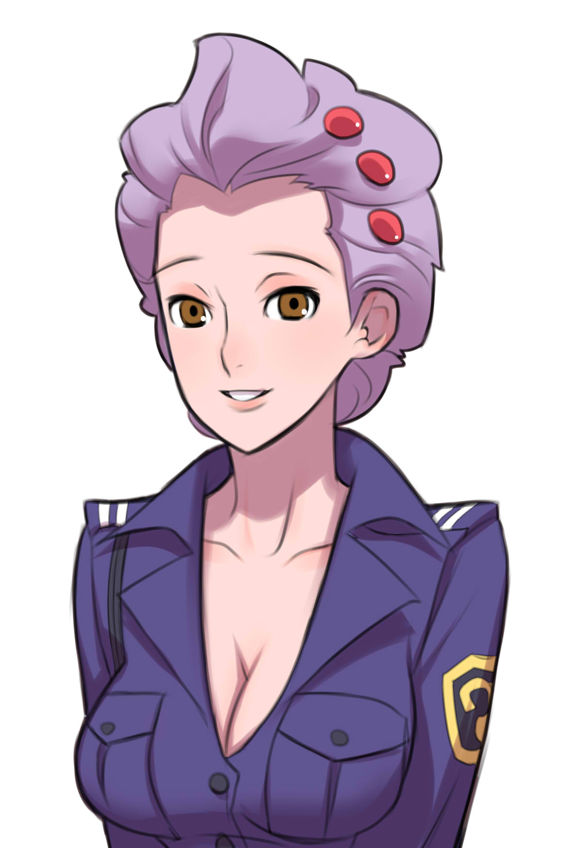 1girl, bad_id, breasts, brown_eyes, capcom, cleavage, gyakuten_saiban, hair_ornament