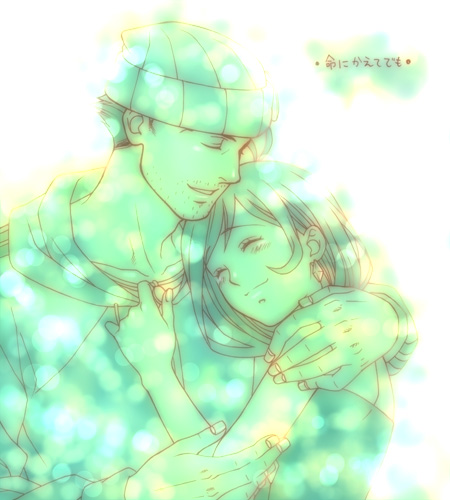 1boy, 1girl, alternate_costume, bad_id, beanie, capcom, green, gyakuten_saiban, gyakuten_saiban_4, hat, hug, lowres, monochrome, naruhodou_minuki, naruhodou_ryuuichi, naruhoudou_minuki, suzu_(artist), suzu_(okayuki), translation_request