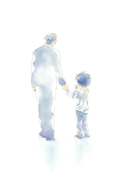 2boys, bad_id, barefoot, black_hair, death_note, finger_in_mouth, hand_holding, l_(death_note), male_focus, multiple_boys, nina_matsumoto, silver_hair, suzu_(artist), suzu_(okayuki), watari