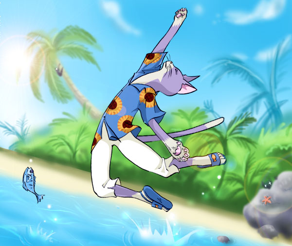 +_+, 00s, 1boy, cat, dutch_angle, fish, jumping, male_focus