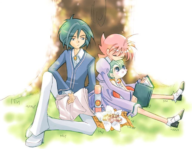 00s, 1boy, 2girls, ahiru, ahoge, book, fakir, lap, multiple_girls, picnic, princess_tutu, sitting, sitting_on_lap, sitting_on_person, sleeping, tree, uzura, uzura_(princess_tutu)