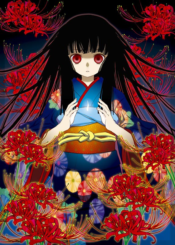 1girl, akitsu, akitsu_mikami, bangs, blunt_bangs, enma_ai, flower, fthgn338, hime_cut, japanese_clothes, jigoku_shoujo, solo, spider_lily