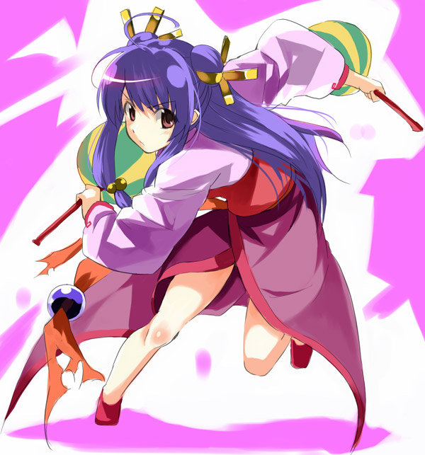 1girl, brown_eyes, chui, double_bun, hair_bun, hair_ornament, kabocha, legs, long_hair, looking_at_viewer, purple_hair, ranma_1/2, shampoo_(ranma_1/2), solo, weapon