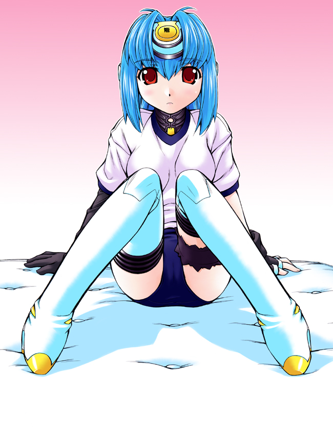 blue_hair, gloves, kos-mos, manitou, nakajima_rei, red_eyes, solo, thighhighs, xenosaga, xenosaga_episode_i