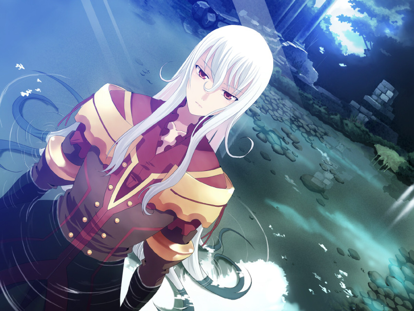 aro, duke_pantarei, dutch_angle, long_hair, male, nature, pond, red_eyes, tales_of_(series), tales_of_vesperia, very_long_hair, water, wet, white_hair, ya_(pixiv)