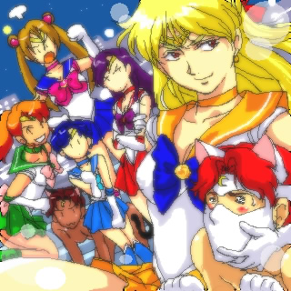 2boys, 5girls, artemis_(sailor_moon), artemis_(sailor_moon)_(cosplay), bishoujo_senshi_sailor_moon, blue_skirt, bow, chronicle_asher, cosplay, green_skirt, gundam, inner_senshi, junko_jenko, kate_bush, katejina_loos, lowres, luna_(sailor_moon), luna_(sailor_moon)_(cosplay), magical_girl, mahalia_merril, marbet_fingerhat, miliera_katan, multiple_boys, multiple_girls, nanboku, oekaki, orange_skirt, parody, pink_bow, red_bow, red_skirt, sailor_jupiter, sailor_jupiter_(cosplay), sailor_mars, sailor_mars_(cosplay), sailor_mercury, sailor_mercury_(cosplay), sailor_moon, sailor_moon_(cosplay), sailor_senshi, sailor_venus, sailor_venus_(cosplay), skirt, victory_gundam