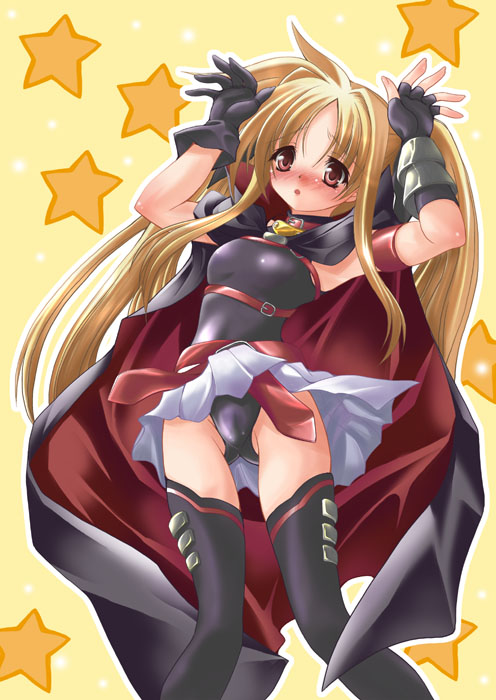 00s, armband, blonde_hair, blush, cape, caramelldansen, fate_testarossa, fingerless_gloves, gloves, leotard, long_hair, lyrical_nanoha, mahou_shoujo_lyrical_nanoha, mio_(fastest_lap), red_eyes, skirt, star, strap, thigh-highs, zettai_ryouiki