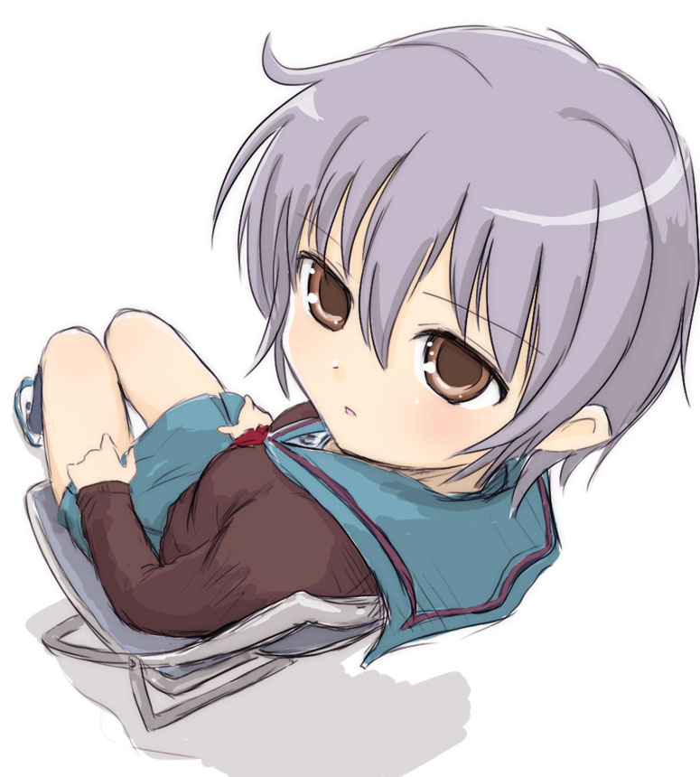 1girl, bangs, blue_skirt, blush, brown_eyes, cardigan, eyebrows, eyebrows_visible_through_hair, from_above, from_behind, full_body, hair_between_eyes, hands_on_thighs, kneehighs, long_sleeves, looking_at_viewer, miniskirt, nagato_yuki, parted_lips, purple_hair, red_ribbon, ribbon, school_uniform, serafuku, shadow, short_hair, silhouette, sitting, skirt, solo, suzumiya_haruhi_no_yuuutsu, thigh_gap, yuuichi_(tareme_paradise)