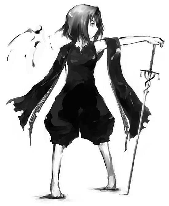 1girl, monochrome, short_hair, simple_background, solo, sword, transient, weapon