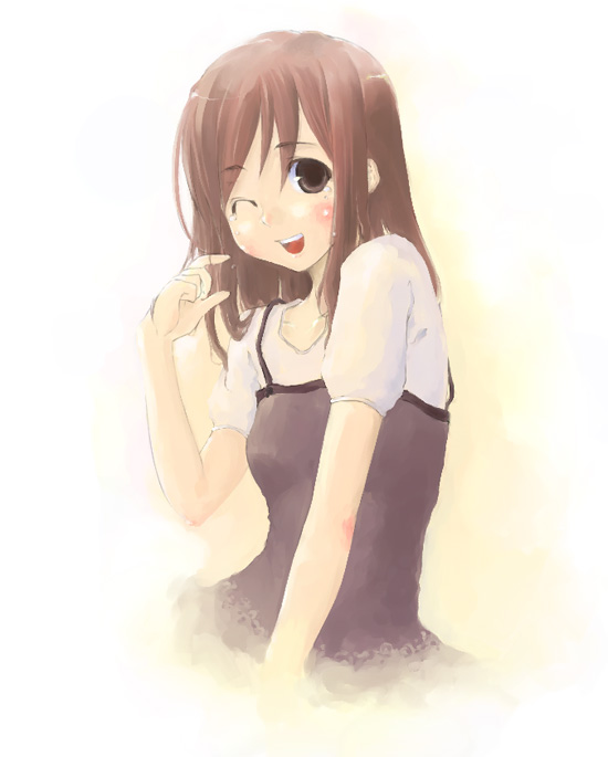 1girl, blush, brown_hair, gradient, gradient_background, long_hair, solo, transient