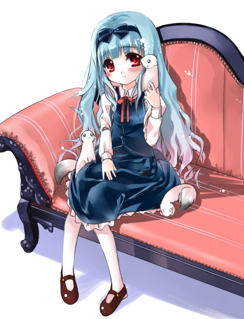 1girl, amatsuka_watayuki, baby_princess, blue_hair, blue_skirt, blue_vest, bow, couch