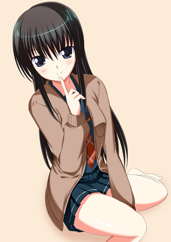 1girl, beige_background, black_hair, blue_skirt, blush, closed_mouth, finger_to_mouth, futami_eriko