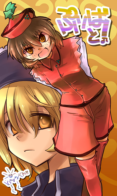 2girls, blonde_hair, brown_hair, female, hat, inuinui, lunasa_prismriver, lyrica_prismriver, merupo, multiple_girls, short_hair, siblings, sisters, touhou