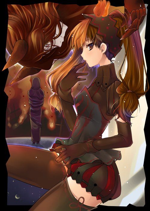 1boy, 1girl, brown_eyes, brown_hair, demon_boy, elbow_gloves, gloves, layla_(sound_horizon)