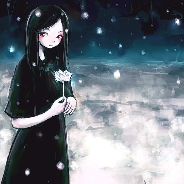 black_dress, dress, flower, kanii_rate, lotus, snow