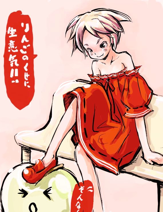 apple, bare_shoulders, blonde_hair, dress, fang, food, fruit, kanii_rate