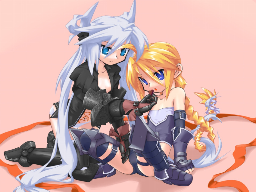 2girls, armor, boots, borrowed_character, braid, chocolate, flat_chest, girl_with_a_blonde_braid_(tomoshibi_hidekazu)