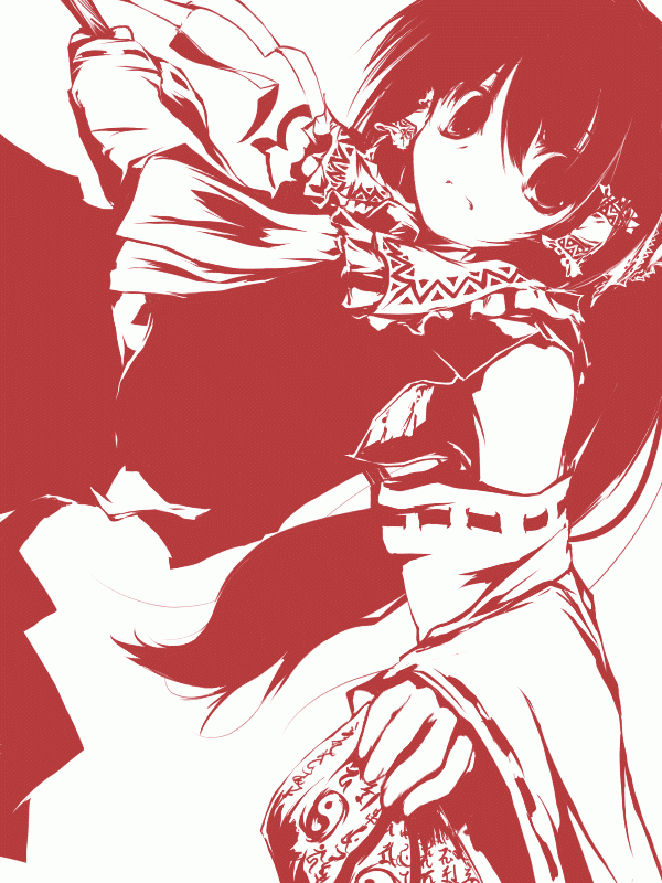 1girl, bad_id, detached_sleeves, female, hakurei_reimu, monochrome, red, sanoharu