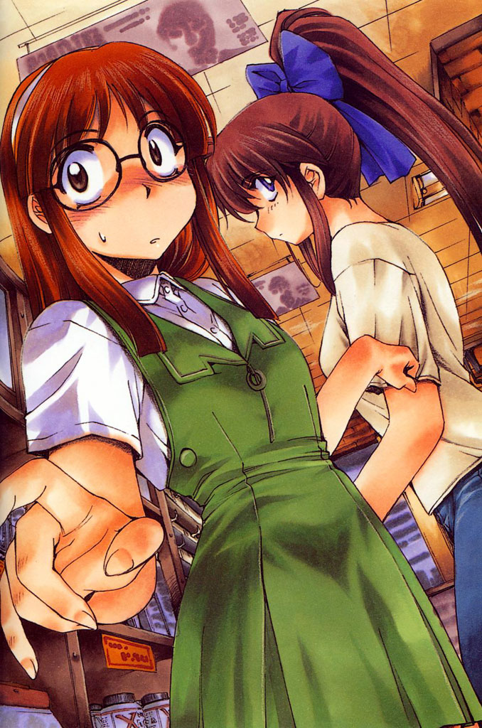 2girls, blue_eyes, blush, bookstore, brown_eyes, brown_hair, casual, denim