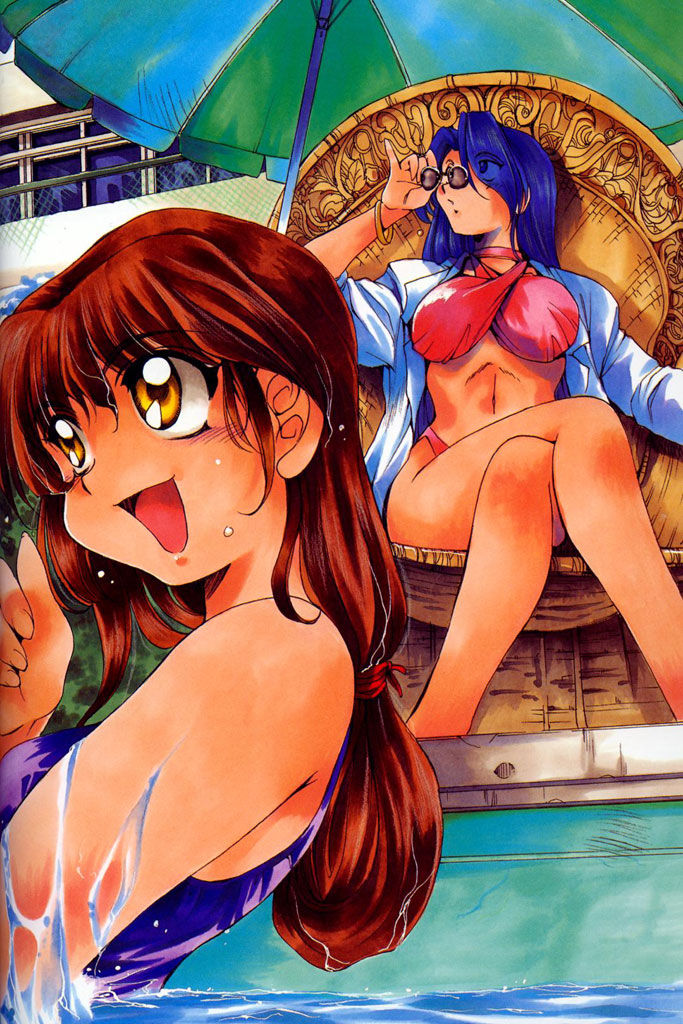2girls, adjusting_sunglasses, artbook, beach_umbrella, bikini, blue_hair, blush, bracelet