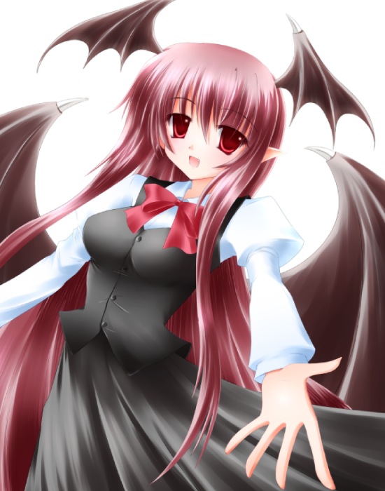 1girl, breasts, demon_wings, female, head_wings, koakuma, long_hair, outstretched_arms