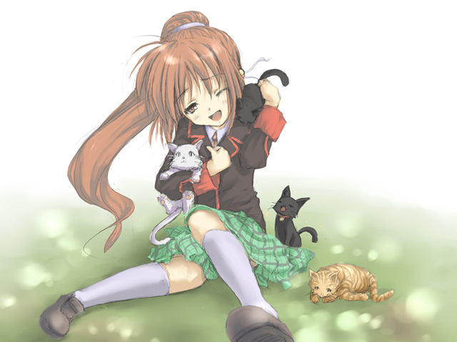1girl, ;d, animal, blush, cat, full_body, fur, green_skirt