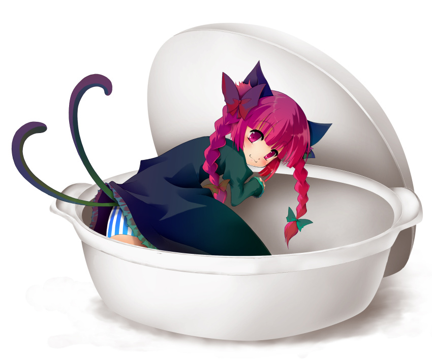 animal_ears, braid, casual, cat_ears, cat_tail, cup, dress, hair_ribbon