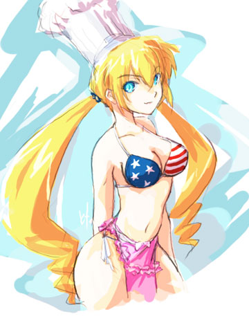 america, apron, bikini, blonde_hair, blue_eyes, breasts, chef_hat, cleavage