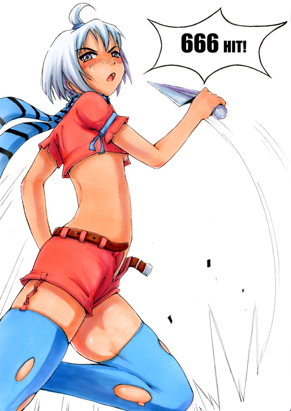 1girl, ahoge, belt, blue_legwear, blush, flat_chest, grey_eyes, hits, klaus_reinbach_iii, kunai, midriff, ninja, scarf, short_hair, simple_background, solo, striped, striped_scarf, thigh-highs, torn_clothes, torn_thighhighs, weapon, white_hair, zettai_ryouiki