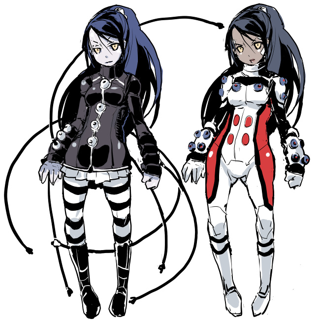 1girl, bodysuit, dark_skin, karima, karima_shapandar, long_hair, marvel, miniskirt, najimi_shin, pantyhose, serafina, skirt, striped, striped_legwear, x-men, yellow_eyes